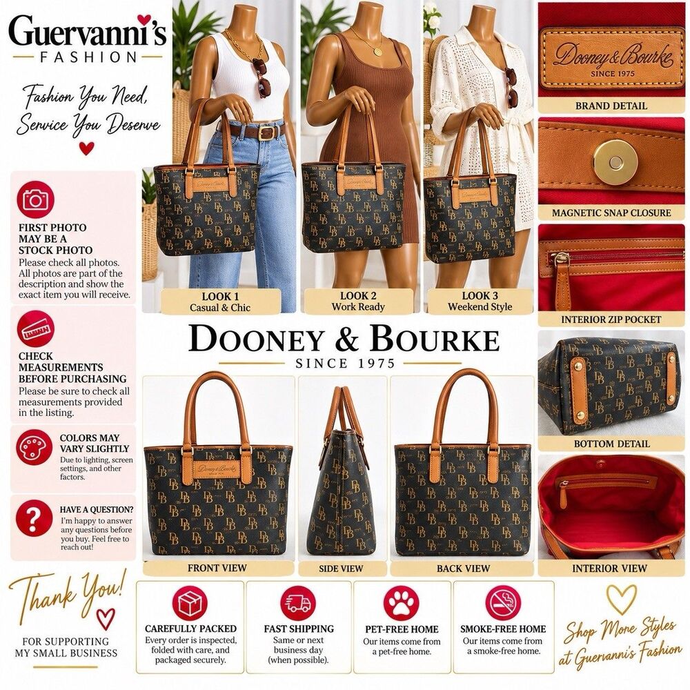 Dooney & Bourke 1975 Monogram Tote Bag Black Brown Leather Trim Red Lining